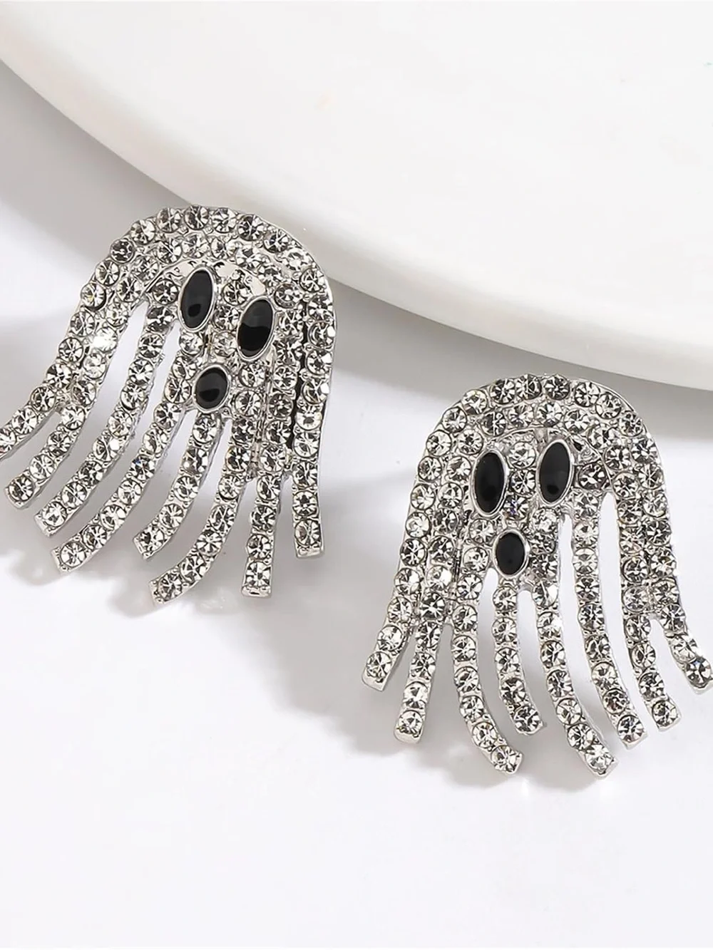Crystal Ghost Drop Earrings - Silver with Black Accents